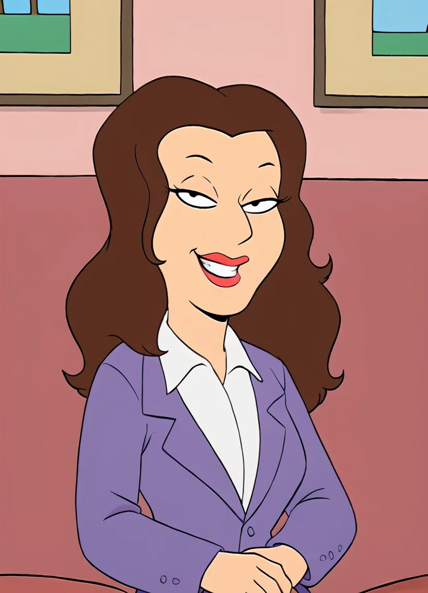 <lora:DrAmandaRebeccaFGPony:1> Dr.AmandaRebecca, 1girl, solo, brown hair, long hair, purple jacket, smile, jacket, shirt, lipstick, formal, suit, red lips, collared shirt, makeup, grin, white shirt, upper body, score_9, score_8_up, score_7_up, score_6_up, score_5_up, score_4_up, looking at viewer,sitting, couch,