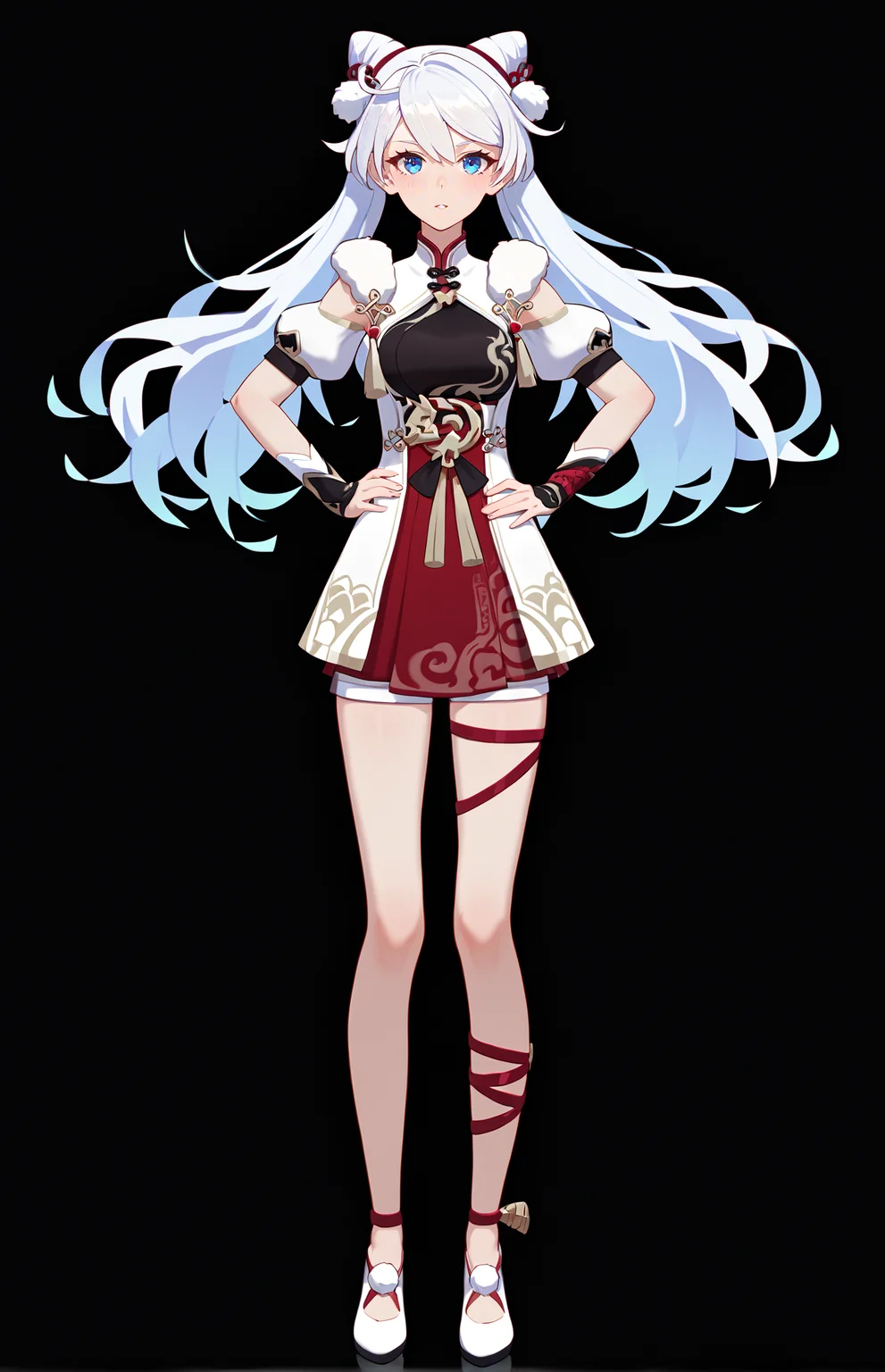 score_9, score_8_up, score_7_up, score_6_up, 8k, best quality, masterpiece, (ultra-detailed:1.1), (high detailed skin),
(full body), (black background:1.1), standing, looking at viewer, (solo), hand on hip,
<lora:kiana-young-pony-Tanger-000010:0.8>, kiana kaslana, xuetu, 10th clothes, 1girl, blue eyes, white hair, bangs, long hair, double bun, chinese clothes,
(beautiful_face), ((intricate_detail)), clear face,
((finely_detailed)), fine_fabric_emphasis,
((glossy)), full_shot,