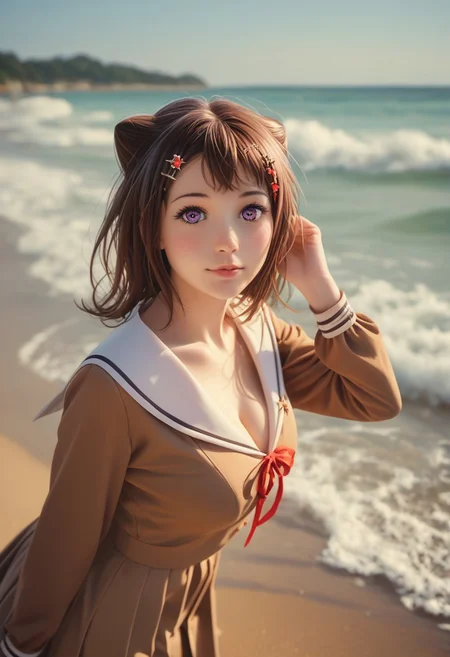 score_9,score_8_up,score_7_up,score_6_up, masterpiece, best quality, high quality, ultra detailed, detailed, beautiful, exquisite, insanely detailed, hyper detailed, godrays, realistic photo,
1girl,
kasumi, purple eyes, brown hair,
cone hair bun, star hair ornament,
big breasts, nail enamel,
hanasakigawa school uniform, brown dress, long sleeves, sailor dress, red ribbon,
on the beach
in focus with blurred background,