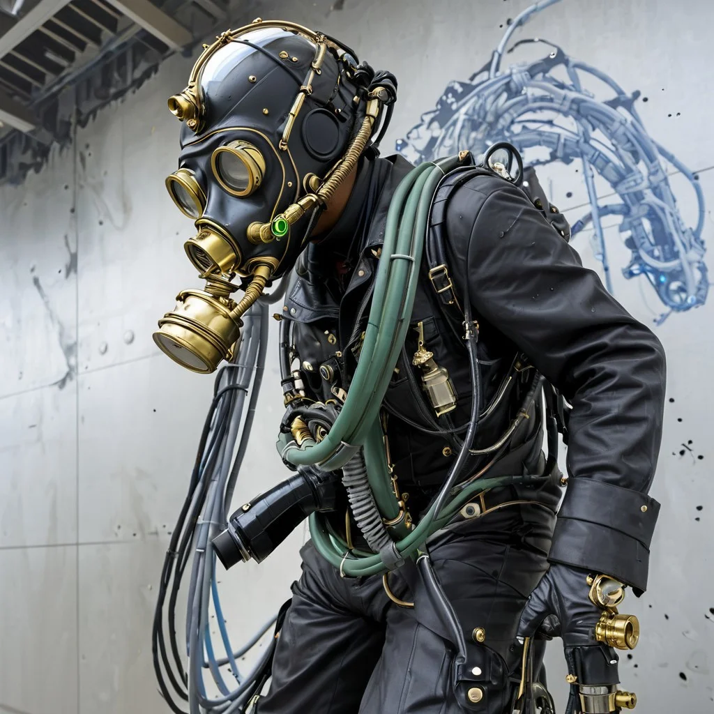Blame! by Tsutomu Nihei steampunk cyborg, black oil splatter, is flying through a void of blue, golden plated cables everywhere, translucent gas mask head, pipes in background, black smoke, green everywhere, steam everywhere, steam everywhere, titanium everywhere, electric everywhere, easynegative, ng_deepnegative_v1_75t