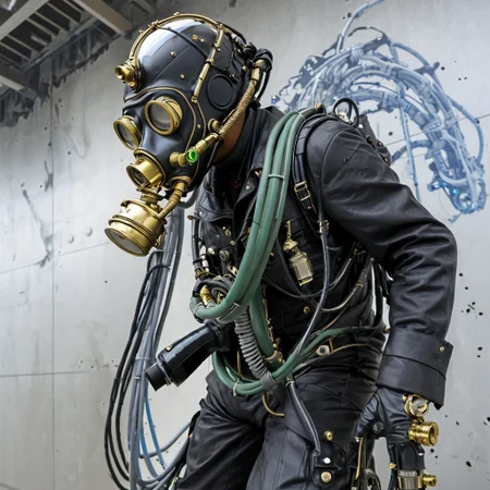 Blame! by Tsutomu Nihei steampunk cyborg, black oil splatter, is flying through a void of blue, golden plated cables everywhere, translucent gas mask head, pipes in background, black smoke, green everywhere, steam everywhere, steam everywhere, titanium everywhere, electric everywhere, easynegative, ng_deepnegative_v1_75t