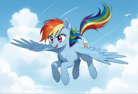 score_9, score_8_up, score_7_up, anime screencap, BREAK, wide shot, my little pony Rainbow Dash, a blue pegasus with purple eyes and rainbow mane and tail, flying, source_feral, outdoors, daylight sky, cloudy, source_anime, retro anime style