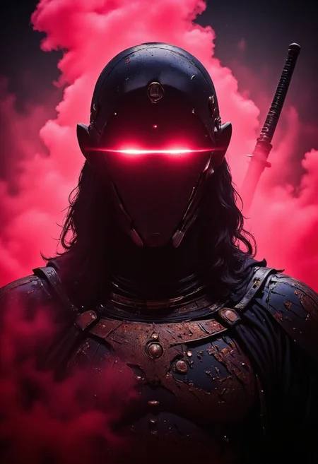 A towering figure looms, enshrouded in a mist of ethereal red and beige-black smoke, his futuristic pastel samurai armor gleaming with holographic sakura etchings. His high-collared translucent pearl-plated shoulder guards ripple under the assault of neon strobes, reflecting the chaos of battle. In a split-second flash, his night-colored form surges forward, caught mid-motion in a devastating strike. The extreme close-up captures the merciless smirk beneath his crimson-lit eyes, a lens flare from the glowing edge of his blade cutting through the haze. Dreamlike yet deadly, the pastel pink-and-cyan two-tone palette clashes violently with deep black shadows, a masterpiece of soft-focus bokeh and hyper-detailed DSLR clarity.