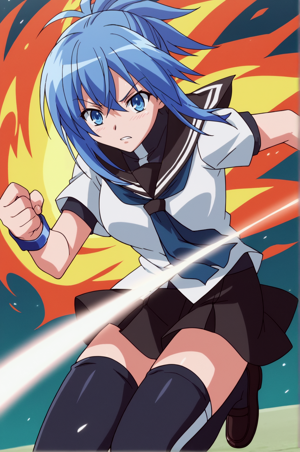 score_9, score_8_up, score_7_up,anime_source, source_anime, best background, detailed background, anime screencap,  Natsuru, blue neckerchief, school uniform, serafuku, thighhighs, fighting pose, dynamic camera, throw fireball, magic, seductive body,  <lora:JN_Natsuru_Seno:0.8>