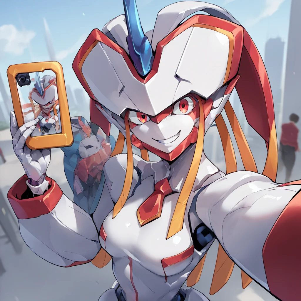 score_9, score_8_up, score_7_up, score_6_up, score_5_up, score_4_up, source_anime, Strelizia, robot, city, smile, selfie