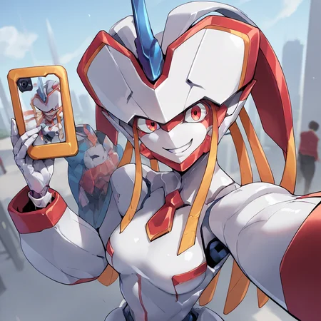 score_9, score_8_up, score_7_up, score_6_up, score_5_up, score_4_up, source_anime, Strelizia, robot, city, smile, selfie