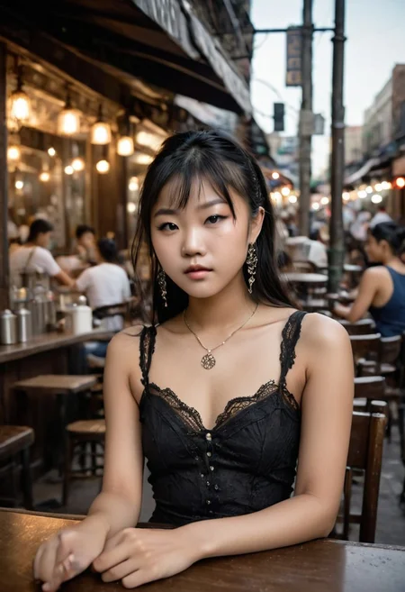 futuristic , eye catching, majestic Leah Li, Petite, asian, darkskin,, 18 year old Chinese woman, flat chested,  ((no boobs)), straight hair,  earrings, eye liner, long bangs,  4k, very detailed, eyeliner, ((black hair)), ((blunt bangs)), ((slender face)), ((thin lips)),  a cinematic photograph of a woman in a random color translucent lace sundress, sitting at a table in a cafe on the street. cyberpunk New Orleans
intricate jewelry, necklace, earrings, rings, bracelet, top unbuttoned, wind lifting a short skirt, stockings, long wavy hair, street lamp, potted flowers, tables of the summer cafe, a rag tent on the cafe,, giving the viewer a seductive look, OverallDetail, eye catching, drab, OverallDetail, LeaLi, coffeeyadream,  holding coffee, full body view