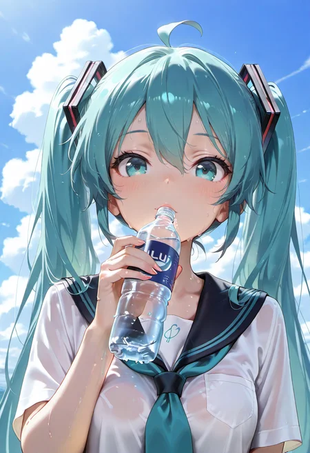 masterpiece,amazing quality,best quality,ultra-detailed,8K,illustration,CG,shiny hair,clear skin,cute girl,ultra-detailed-eyes,eyelashes,medium breasts,Hatsune Miku,ahoge,aqua eyes,long hair,blush,aqua hair,hair between eyes,hair ornament,twintail,drinking water,<lora:drinking_illustrious_V1.0:0.8>,drinking,holding bottle,serafuku,white shirt,sweat,summer,sky,cloud,ultra-detailed-background,<lora:dj_sloppa_ill_v2:0.4>,<lora:ponyv4_noob1_2_adamW-000017:0.8>,<lora:mgmmzillustrious01:0.5>,looking_at_viewer,