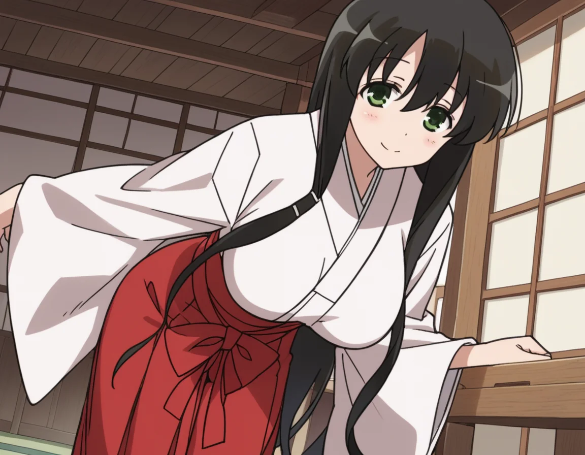 score_9, score_8_up, score_7_up, source_anime,
kasumiiwato, <lora:kasumi-iwato-s2-ponyxl-lora-nochekaiser:1>,
kasumi iwato, long hair, black hair, green eyes, hair between eyes, large breasts,
skirt, japanese clothes, hakama, hakama skirt, miko, red hakama,
indoors, dojo, bent over, smile,
cowboy shot, looking at viewer, solo, dutch angle,