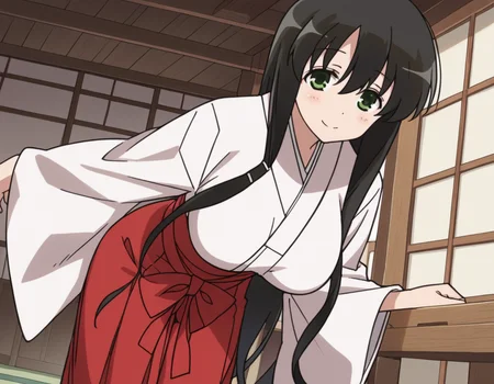 score_9, score_8_up, score_7_up, source_anime,
kasumiiwato, <lora:kasumi-iwato-s2-ponyxl-lora-nochekaiser:1>,
kasumi iwato, long hair, black hair, green eyes, hair between eyes, large breasts,
skirt, japanese clothes, hakama, hakama skirt, miko, red hakama,
indoors, dojo, bent over, smile,
cowboy shot, looking at viewer, solo, dutch angle,