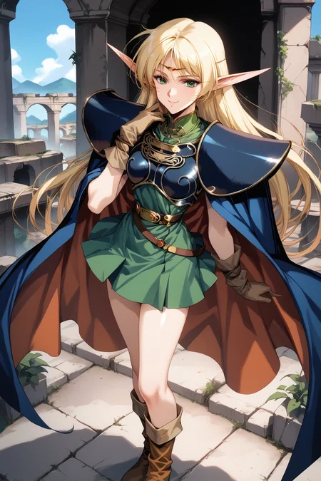 score_9, score_8, score_7, score_6_up, score_5_up, from above,
deedlit, circlet, shoulder armor, breastplate, green tunic, gold choker, arm_wraps, belt, brown footwear, boots, ruby circlet, gold line filigree decoration, short tunic, short skirt,
1girl, long hair, blonde, elf, navy blue breastplate, navy blue shoulder armor, sleeveless, leather gloves, Cloak, green shirt, brown gloves, two-tone cape, long boots,long cape,
beautiful face, 24 years old,
smile, green eyes,
bangs,
record of lodoss war,
cowboy shot,
ruins,
<lora:Degen_Deedlit_v1:0.55>, <lora:TOO_NobuteruYuuki_v3B_PonyXL:0.55>, <lora:PirotessXLpony001:0.3>, <lora:Urushihara Satoshi_XL_PONY_V2:0.4>, <lora:Sinozick_Style_XL_Pony:0.2>, <lora:DefaultZ17:0.2>, <lora:style1:0.2>, <lora:pixivtext2:0.2>, <lora:flyx3_XL_PONY:0.2>