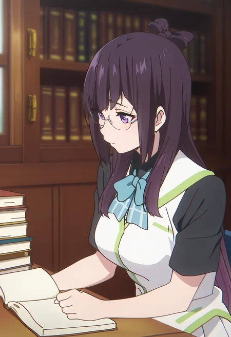 masterpiece, best quality, amazing quality, very aesthetic, absurdres,
1girl, solo, Beach Angels A, long hair, multicolored hair, gradient hair, black hair, purple hair, hair knot, purple eyes,
school uniform, black shirt, white vest, short sleeves, blue bowtie, white skirt, pleated skirt, frilled skirt,
at Library, bookshelves, reading a book, stack of books, table, window, glasses,
anime coloring,
kyoto animation,