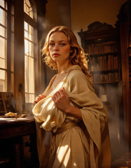 <lora:bear:1>, A breathtaking atmospheric portrait of a blonde woman with long, flowing golden hair that cascades down her shoulders in soft waves. Her gaze is serene yet captivating, exuding confidence and grace. She wears an oversized, flowing robe or cloak that drapes elegantly over her body, partially concealing her chest while emphasizing her feminine silhouette. The fabric of the garment is rich and textured, with subtle folds and creases that add depth to the composition., The lighting is warm and golden, reminiscent of late afternoon sunlight streaming through large windows or an open doorway, creating highlights in her hair and casting gentle shadows across her face. The background features a grand, timeless interiorâa library filled with towering bookshelves, shafts of light piercing through the dusty airâor perhaps a quiet garden bathed in soft hues of sunset., Her pose is relaxed but poised, hands resting lightly on the fabric as if adjusting it absentmindedly. The overall mood is one of elegance, mystery, and calm allure, blending classical beauty with modern sophistication, <lora:Guin-FluxX:1>, Guin
