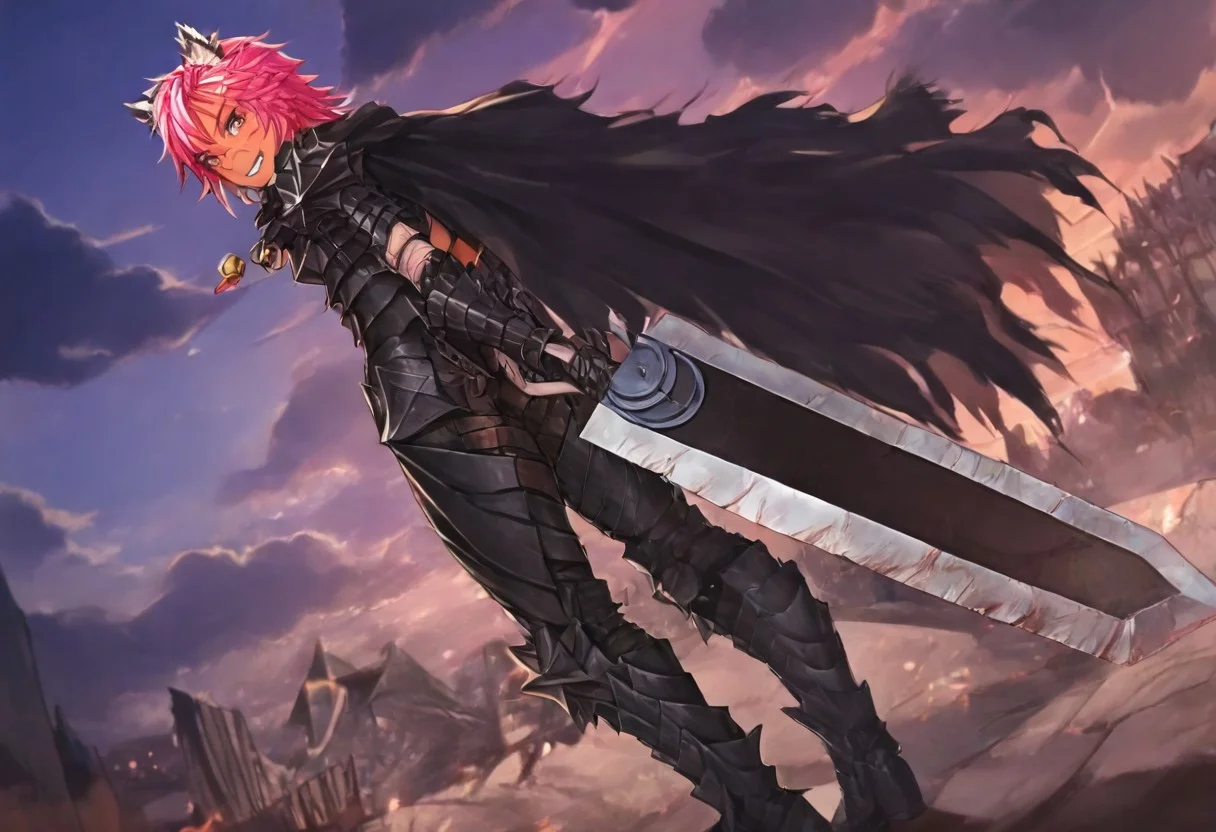 masterpiece, very aesthetic, anime screenshot, 1girl, Pink_PonyXL, DragonSlayerSword-Il.V1.0, black armor, shoulder armor, gauntlets, greaves, bandaged arm, black cape, torn cape, bright pink hair, cat ears, scar on nose, cat bell around neck, tanned, white tiger tail, small breasts, femine body, smiling, making a cute cat face, single fanged tooth showing, standing, looking at viewer, side view, wielding-dragonslayer, huge weapon, sword, holding sword, holding weapon, full body, zoomed in on pink_ponyxl, Dutch angle, cowboy shot
Break
City of hyrule, bright and sunny, happy adoring crowd,