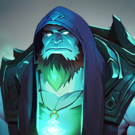 score_9_up, score_8_up, score_7_up, solo, 1boy, lol_yorick, muscular, blue skin, glow blue sclera, beard, hood, necklace, chest armor, portrait,