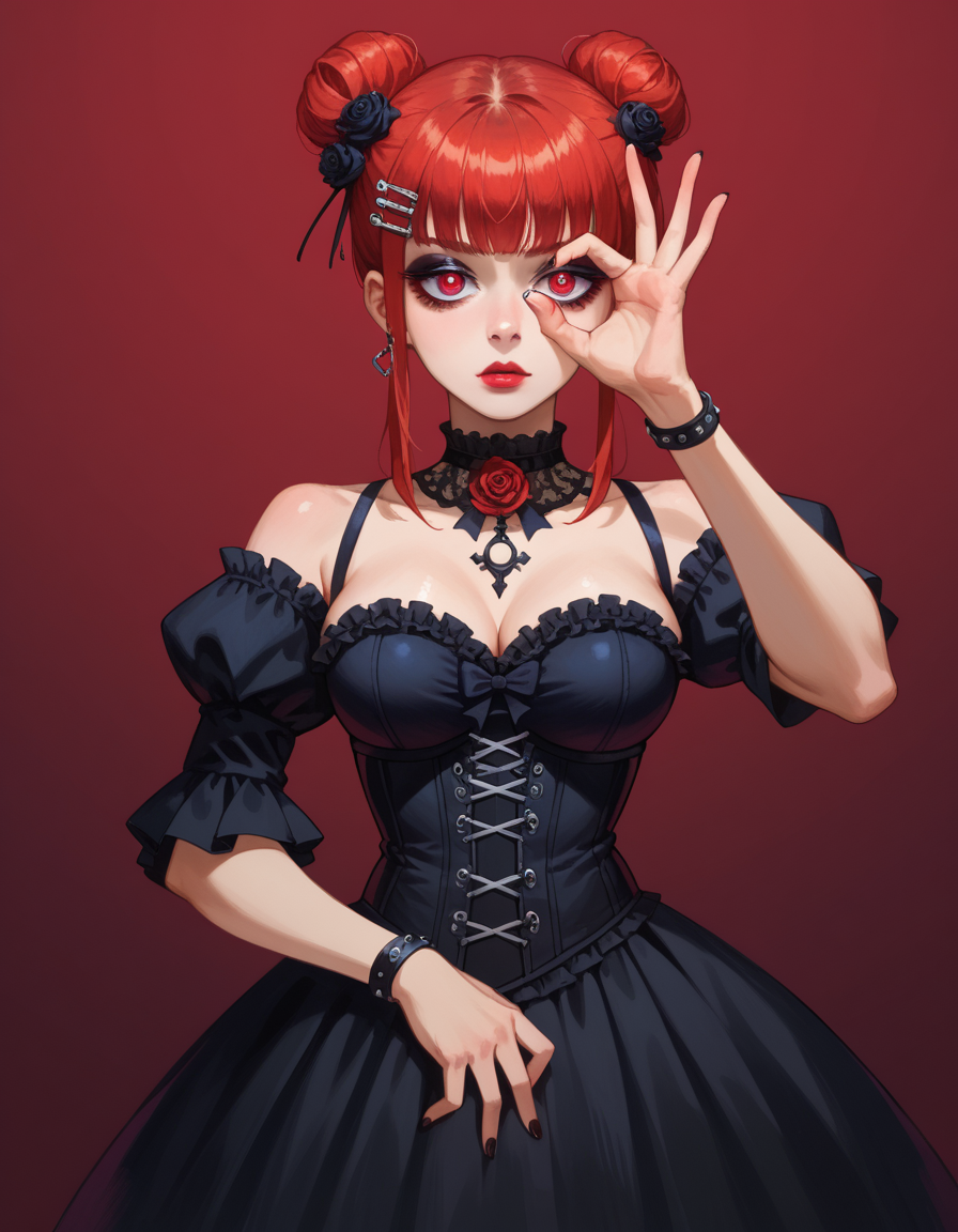 score_9, score_8_up, score_7_up, score_6_up, score_9, score_8_up, score_8, 1girl, This gothic bridal ensemble showcases a neo-gothic corset bodice with a contemporary high neckline and a sleek black fit-and-flare skirt with a gothic-inspired bow detail. The model's hair is styled in a chic and sophisticated bun, adorned with gothic-inspired hairpins and dark roses, celebrating the blend of gothic allure and elegance. The makeup is soft and radiant, with a focus on luminous pale skin and dark, enchanting eyes, adding a touch of modern romance to the gothic-inspired bridal look., hud_illum1nat1, ok sign over face, <lora:hud_illum1nat1_XLP:0.8>