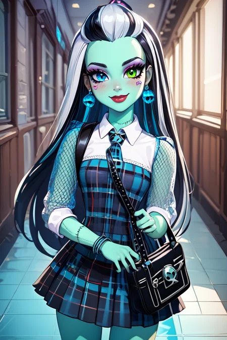 score_9, score_8_up, score_8, medium breasts, (curvy), cute, eyelashes, BREAK, , zzFrankie, heterochromia, blue eyes, green eyes, multicolored hair, aqua skin, streaked hair, black hair, white hair, long hair, stitches, jewelry, earrings, makeup, lipstick, plaid dress, skirt, bracelet, <lora:Frankie_MH_PDXL:1.0>, , BREAK, closed mouth, alternate costume, smile, looking at viewer, collared shirt, blush, sweater, black skirt, eyelashes, long sleeves, sleeves past wrists, plaid skirt, shoulder bag, black bag, blurry, tile floor, pleated skirt, white shirt, cowboy shot, ,,, embedding:zPDXL, Expressiveh, ,,, <lora:Vivid:0.7>, <lora:LFashionPDXL:1>, <lora:Uncensored_PonyXL_cpt_v02.09:0.4>, <lora:Expressive_H-000001:0.4>,