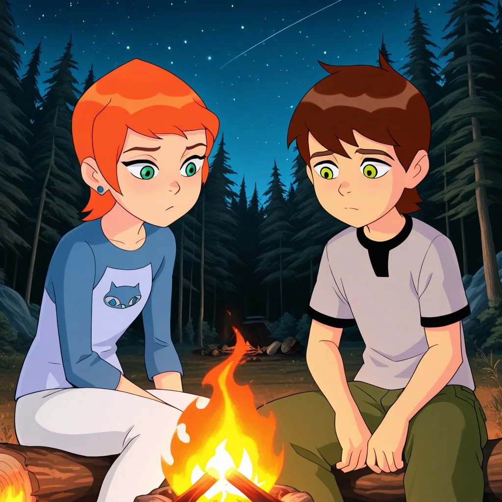 masterpiece, best quality, ben_w_gwen, (1boy, ben_t, brown hair, green eyes), break, (1girl, gwen_t, orange hair, green eyes), camping, forest, both sitting on a log, stars, night, campfire,upper body