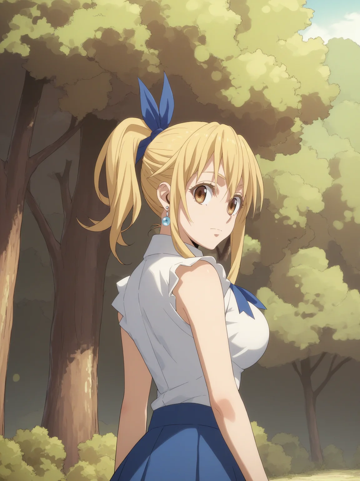 score_9, score_8_up, score_7_up, score_6_up, score_5_up, source_anime, smooth_anime,
Lucy_Heartfilia, 1girl, solo, brown_eyes, blonde_hair, ribbon, hair_ribbon, looking_at_viewer, long_hair, outdoors, jewelry, earrings, breasts, looking_back, sleeveless, blue_ribbon, skirt, shirt, tree, large_breasts, sleeveless_shirt, blue_skirt, long_skirt, day
<lora:Slime:1>