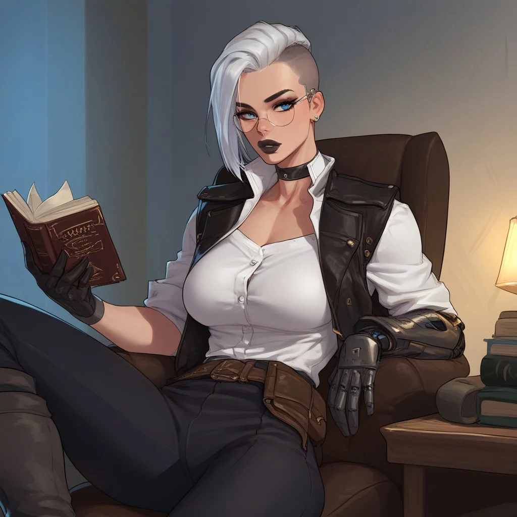 masterpiece,best quality, highly detailed, (tall female:1.2), score_9, score_8_up, score_7_up, solo, Expressiveh, girl, ((short white hair, undercut, slicked back hair)), side light, blue eyes, (black lips), ((one mechanical arm)), (beautiful body:1.5), (athletic body:1.5), (beautiful breasts), physically fit, slender build, tomboy, wide hips, toned female, thick lips, (white shirt), unbutton, choker, leather vest, leather armor, steel gauntlet, single shoulder armor, black pants, belt pouch, knee guards, ((round glasses)), sitting on chair, table, reading a book, indors ,dimly lit room, dorm room, bedroom