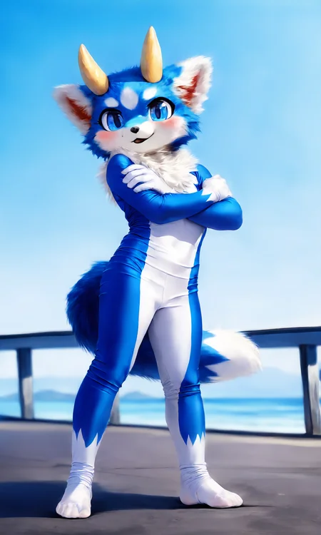 score_9,score_8_up,score_7_up,best quality,amazing quality,very aesthetic,absurdres,official art,intricate details,hyperdetailed,BRAKE,
(furry:1.2),horns,furry male,blue and white fur,paws,(lycra fur suit),blue and white bodysuit,sky,sky background,outdoors,blue eyes,furry ears,realistic,solo,full body,<lora:LycraFursuit-000008:1>,