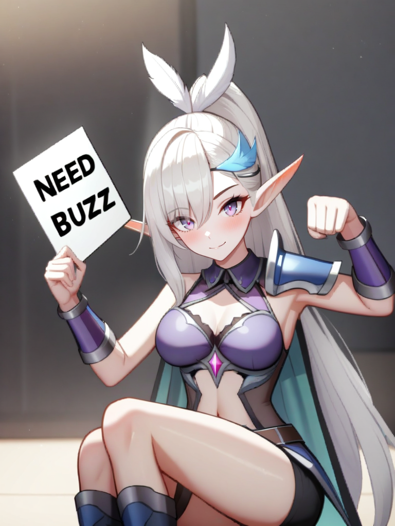 by ursica, masterpiece, best quality, highres,, buzz, beautiful woman smiling with a sign with text "need buzz" <lora:buzz-text:.8>, (need_buzz, buzz, need_buzz, holding sign, holding sign), paw pose, animal ears, cute pose  
<lora:Miya_Moonlight_Archer_XL-09:0.9> miya_ma, purple eyes, relaxed, pointy ears, elf, long hair, asymmetrical bangs, high ponytail, hair ornament, (feather hair ornament:1.1), light smile, simple circlet fantasy armor shoulder armor single pauldron detached sleeves sleeveless short shorts feathers on belt long cape patterned cape navel cutout thigh-high boots knee-high armored boots navel cutout