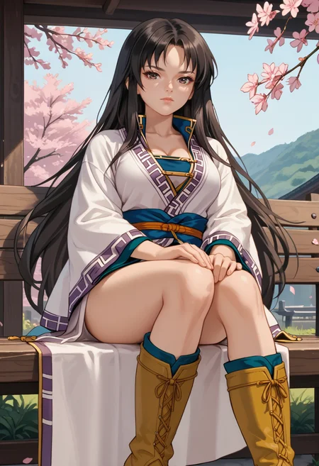 score_9, score_8_up, score_7_up, source_anime, 1girl, feet out of frame, sitting, looking at viewer, expressionless, hands on own legs, <lora:KarlaFE-pdxl:1> defKarla, long hair, white kimono, cleavage, large breasts, long sleeves, sash, side slit, knee boots, yellow footwear, outdoors, bench, cherry blossoms
