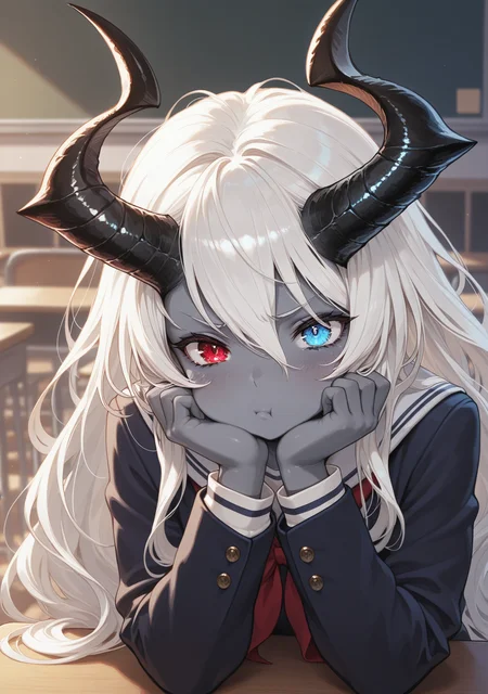 masterpiece,best quality,amazing quality,
<lora:flameglass:0.8>,flameglass,
1girl,heterochromia,horns,long hair,blue eyes,grey skin,red eyes,white hair,grey skin,upper body,pout,school uniform,classroom,