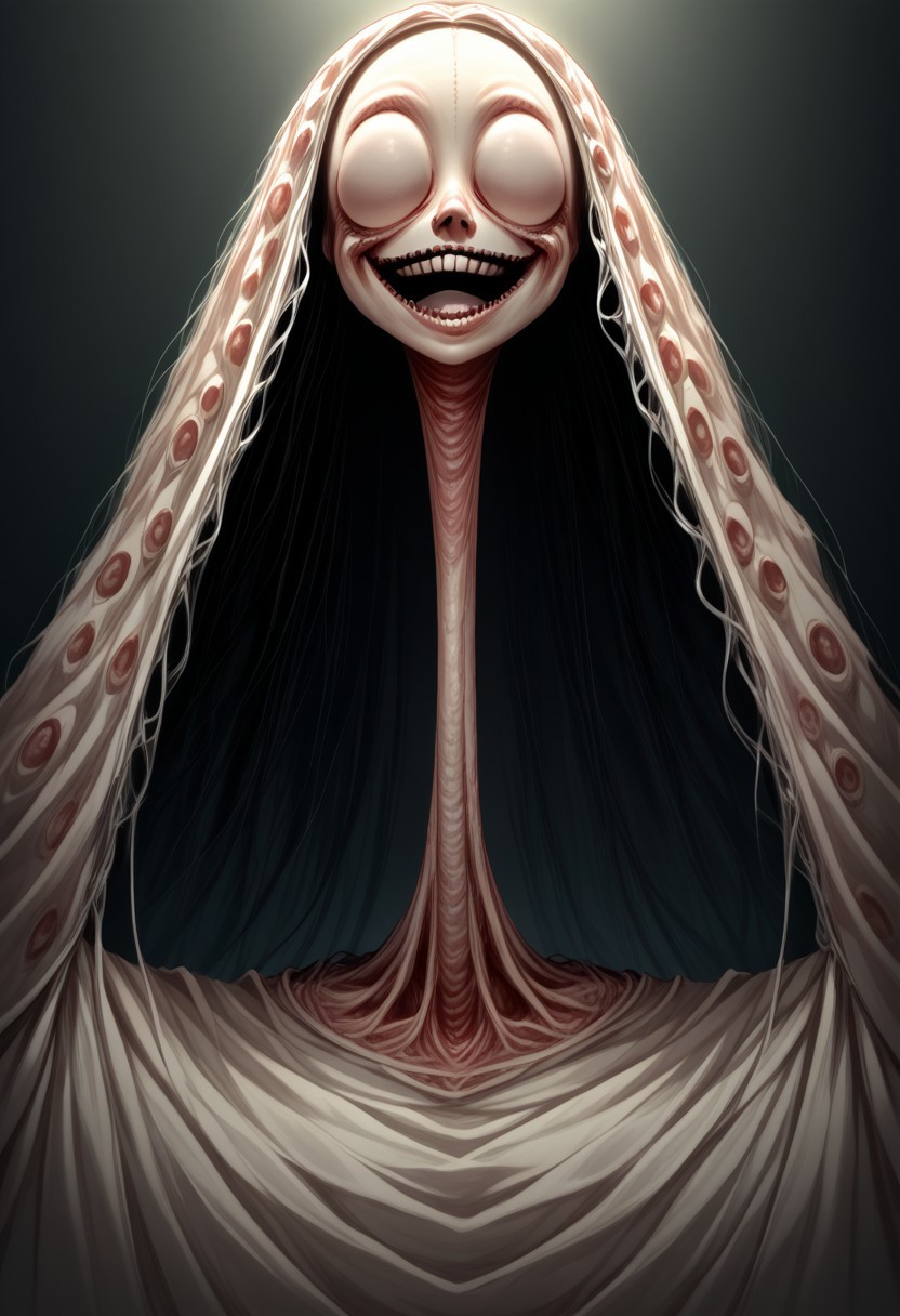 score_9, score_8_up, score_7_up, source_anime, solo, Nightmarish Jessica Rabbit, (looking towards the viewer, face view, close up face, head shot, face portrait:1.4), (long arms, long legs, long neck, horror, no eyes, no face, large mouth, creepy smile, skinny, bones, Victorian gown:1.5), close face view, (indirect lighting, dynamic lighting:1.4), simple background, (detailed image, high resolution, 5k resolution:1.0), VikingAnime, (cute Art Style:1.2)