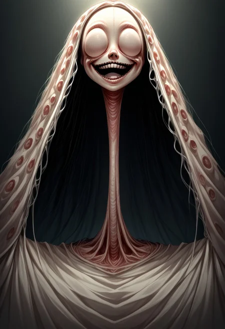 score_9, score_8_up, score_7_up, source_anime, solo, Nightmarish Jessica Rabbit, (looking towards the viewer, face view, close up face, head shot, face portrait:1.4), (long arms, long legs, long neck, horror, no eyes, no face, large mouth, creepy smile, skinny, bones, Victorian gown:1.5), close face view, (indirect lighting, dynamic lighting:1.4), simple background, (detailed image, high resolution, 5k resolution:1.0), VikingAnime, (cute Art Style:1.2)