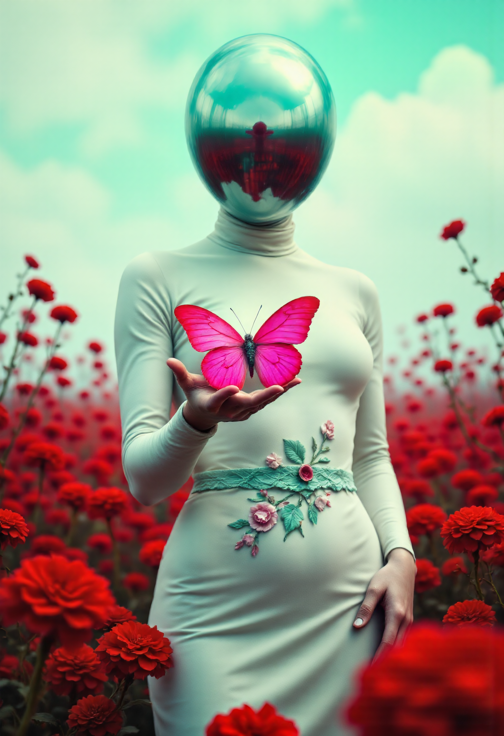 A surreal, ethereal figure, resembling a robot or android, stands amidst a field of vibrant, deep red flowers. offering a large butterfly to the viewer. An arm is stretched directly towards the viewer, with a large butterfly in the palm of her hand. The figure's head is a large, metallic, dome-shaped helmet, reflecting the sky and clouds above.  A pale cream-colored, form-fitting, high-necked dress with subtle, flowing pleats drapes the figure's body.  Detailed floral embroidery in teal and pale pink accents the dress, particularly noticeable near the midsection where a large, vibrant pink butterfly is positioned.  One figure's hand, smooth and pale, rest gracefully on her waist, the other one is offering a butterfly to the viewer, expressing a calm, serene demeanor in a dynamic pose. At the waist, a beautiful floral belt matching the dress.The field of red flowers, reaching towards the figure, creates a soft, warm, almost romantic atmosphere.  The sky above is a vibrant, light teal, dotted with soft white clouds, which blend seamlessly with the surreal environment.  The lighting is soft and diffused, casting gentle shadows and highlighting the figure's form and the floral patterns on the dress.  The composition is symmetrical, with the figure positioned centrally, and the flowers creating a harmonious frame.  The overall style is a blend of surrealism and fashion photography, with a touch of sci-fi influence in the robot-like head.  Soft focus and muted colors create a dreamlike, peaceful mood.  The image's palette is comprised of a rich mix of deep reds, delicate pinks, pale creams, and vibrant teal blues.  The flowers' textures appear delicate and almost luminescent, evoking a fantastical, otherworldly setting. focus on the hand with the large butterfly in her hands palm 
