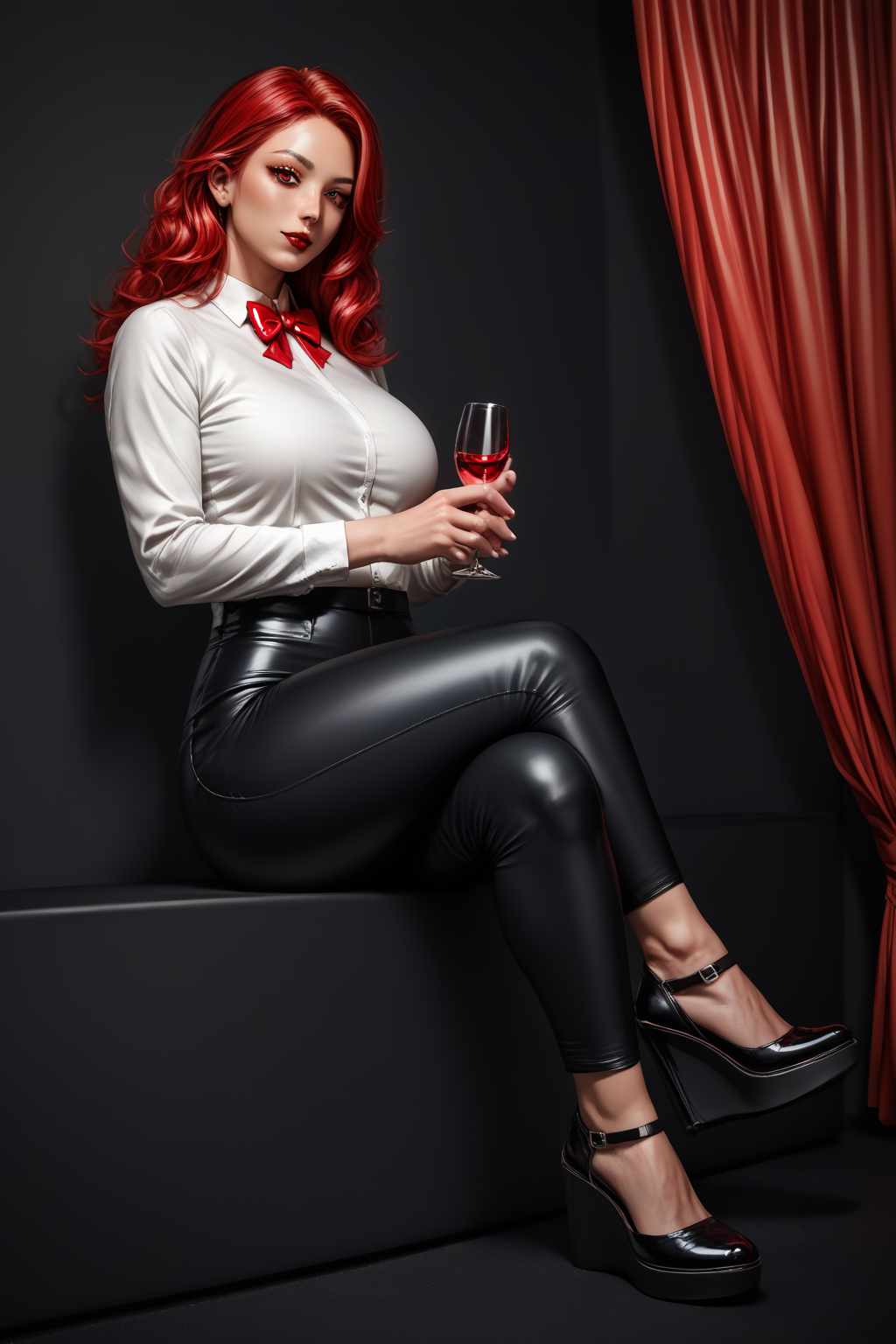 score_9, score_8_up, score_7_up, 1girl, source_anime, detailed, crossed legs, long red hair, wavy hair, white shirt, dress shirt, red bowtie, black pants, mature, holding wine glass, parted hair, Wedge heels, lipstick, red theme, black theme, red curtains, Acrylic wedges, Black footware.