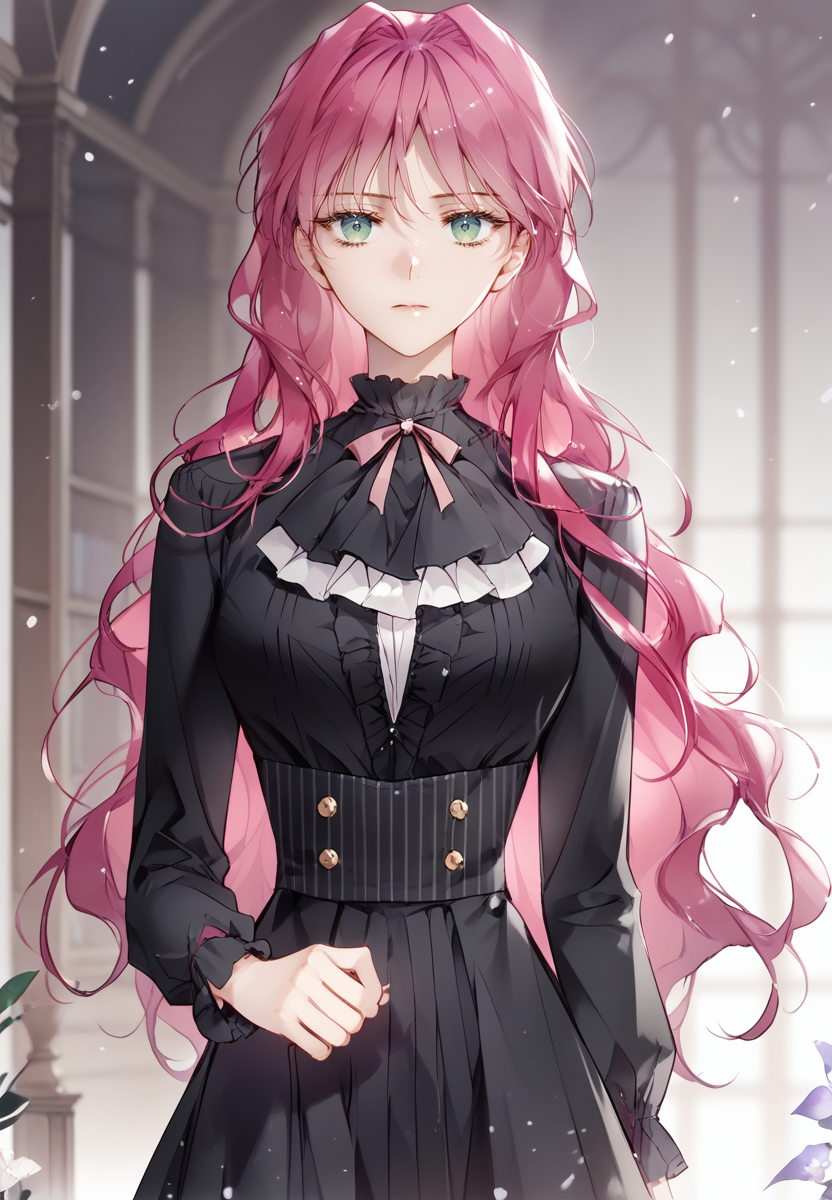 zPDXL3, score_9_up, score_8_up, score_7_up, (Anime_source),Masterpiece,(perfect female body:1.2), small waist,(incredibly detailed:1.4), slim, beautiful fingers, beautiful white skin, Beautiful clear skin, (large breasts:1.4)  thighs, looking at viewer, big breasts, ass, perfect ass, <lora:Penelope_Eckhart_-_Death_Is_the_Only_Ending_for_the_Villainess-Kaleid-PONY:0.8> penelopeeckhart, 1girl, pink hair, green eyes, black dress, closed mouth, expressionless, long sleeves, frills