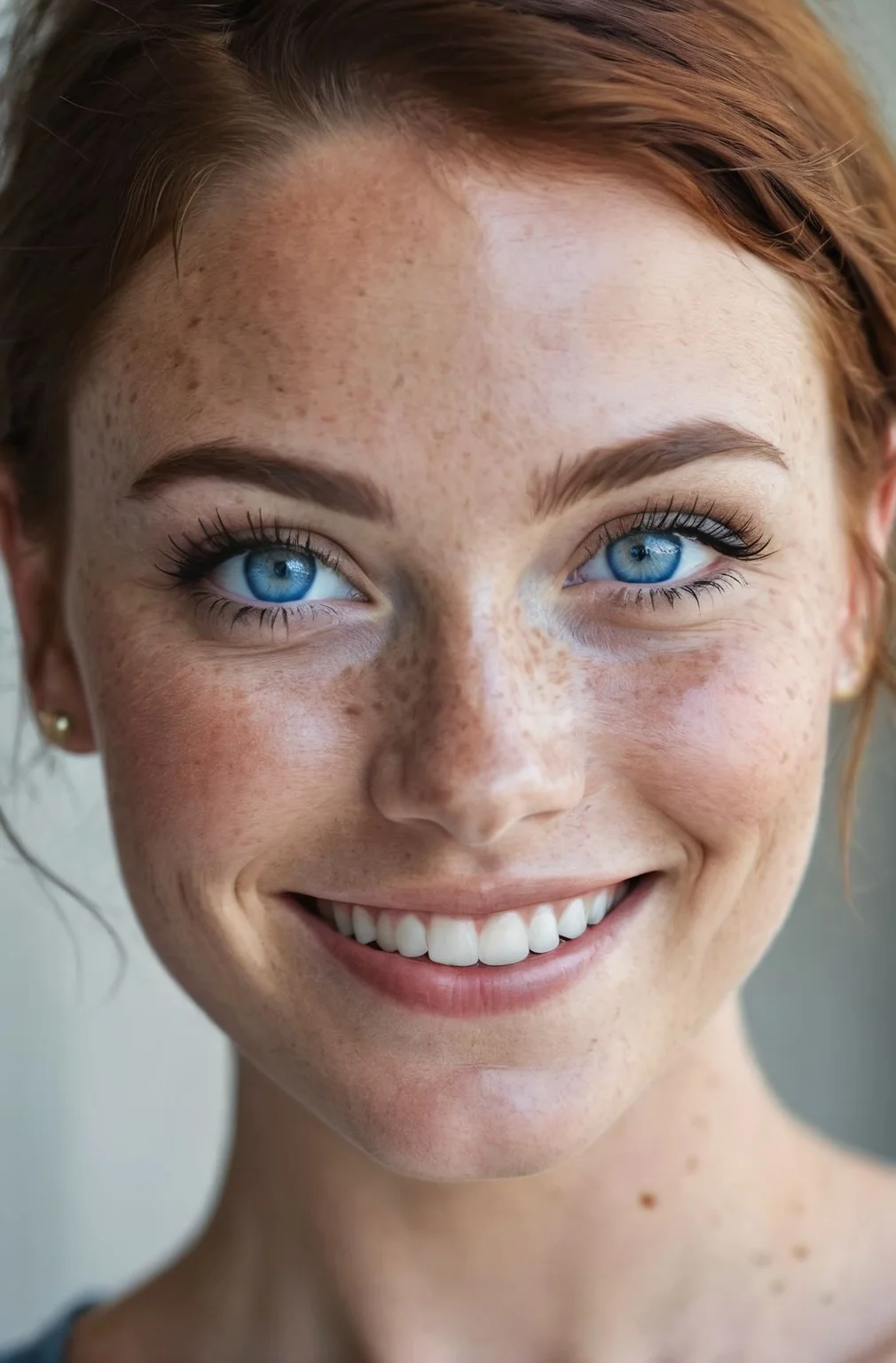 beautiful lady, (freckles), big smile, blue eyes, short hair, dark makeup, hyperdetailed photography, soft light, head and shoulders portrait, cover