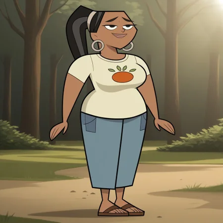 score_9, score_8, BREAK, solo, black hair, black eyes, lips, food print shirt, white shirt, short sleeves, blue pants, flip flops, hoop earrings, dark skin, ponytail, mole under eye, big breasts, Total Drama, Leshawna_(Total_Drama), sexy pose, smile, outdoors, sunlight, shadows, evening lighting, natural lighting, forest, trees, grass, orange sky, sunset