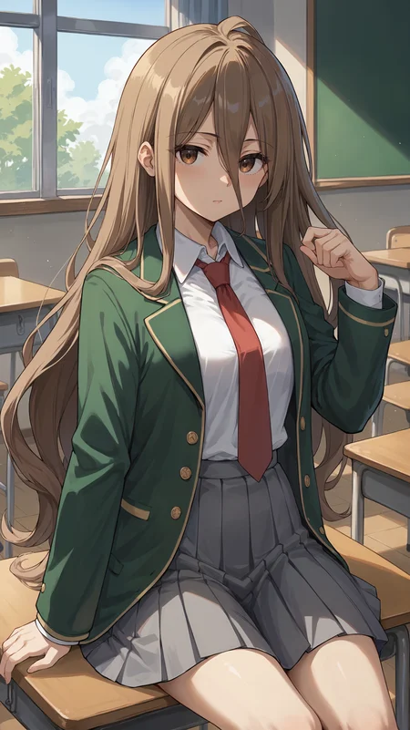 score_9,score_8_up,score_7_up,score_6_up, <lora:xl_more_art-full_v1:0.5>, source_anime, girl, dynamic pose, figure four sitting, <lora:Sense - Pony-000004:0.8>, long hair, brown hair, messy hair, hair between eyes, extra long hair, brown eyes, school uniform, green jacket, open jacket, white shirt, collared shirt, red necktie, pleated skirt, gray skirt, classroom, school,