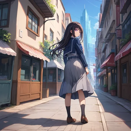 score_9, score_8_up, score_7_up, score_6_up, score_5_up, score_4_up, BREAK source_anime, from behind, rating_safe, 1girl, solo, outdoors, city, full body, standing, looking back, masterpiece, best quality, high detailed skin, inoue takina, takina def, long hair, black hair, purple eyes, lycoris uniform, long sleeves, blue belt, black socks, brown footwear,