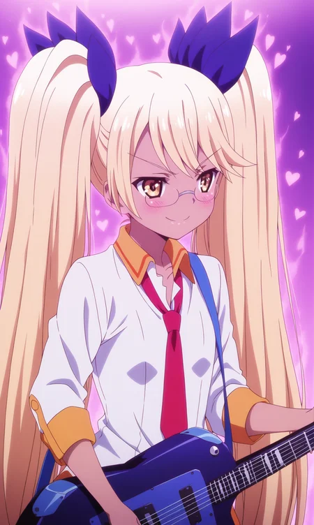 masterpiece, best qualify, zzRetoree, 1girl, solo, necktie, twintails, glasses, pink aura, blonde hair, long hair, smile, heart, v-shaped eyebrows, hair ribbon, ribbon, >:\), instrument, shirt, red necktie, guitar, upper body, rimless eyewear, blush, parody, yellow eyes, collared shirt, purple background, closed mouth, white shirt, dark skin, brown eyes, dark-skinned female, very long hair,