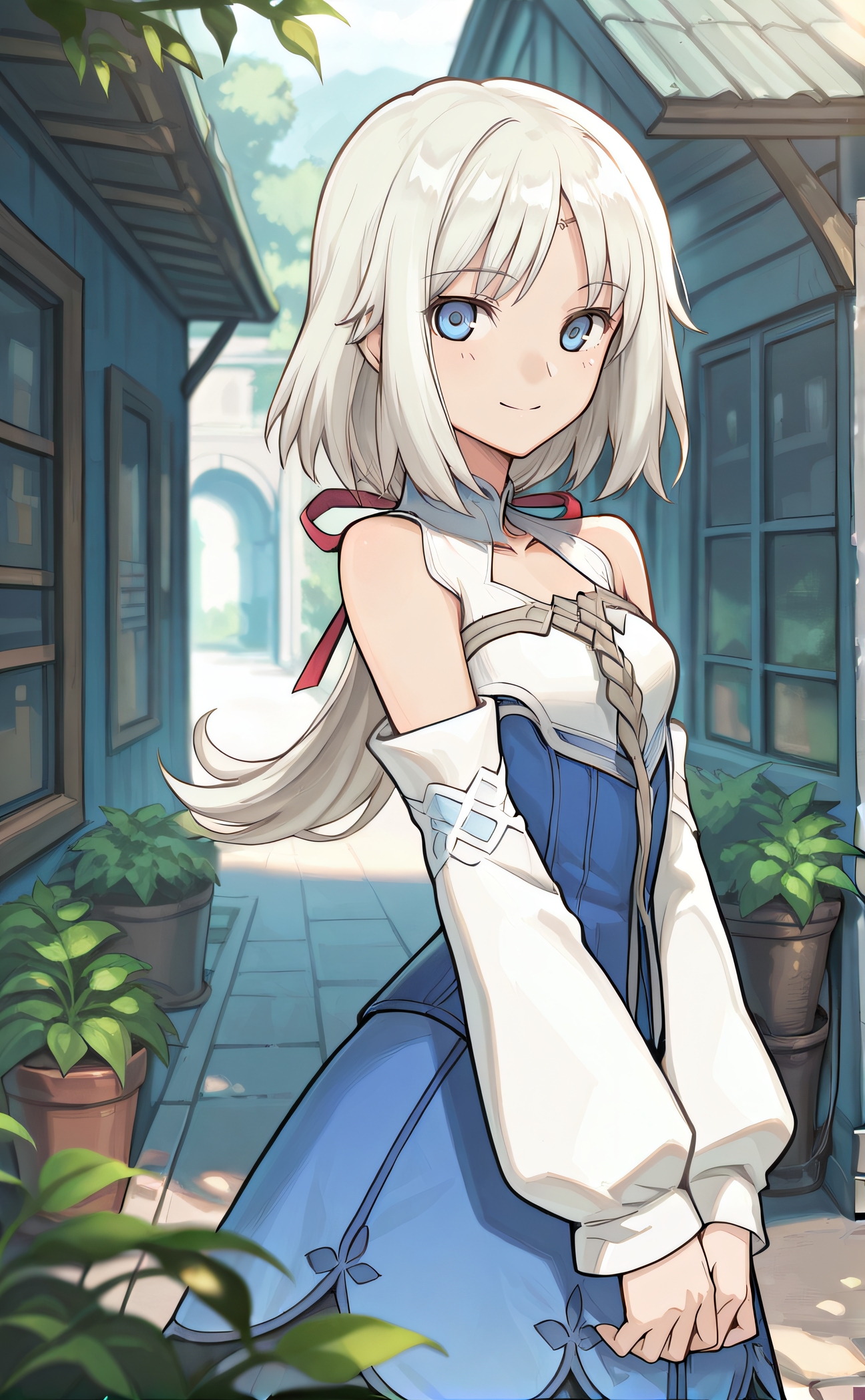masterpiece, best quality, highres, newest, 1girl, solo, official style, <lora:Mist_RF:1>, mistrf, light hair, blue eyes, blue dress, detached white sleeves, bare shoulders, outdoor, looking at viewer, smile, cowboy shot, scenery