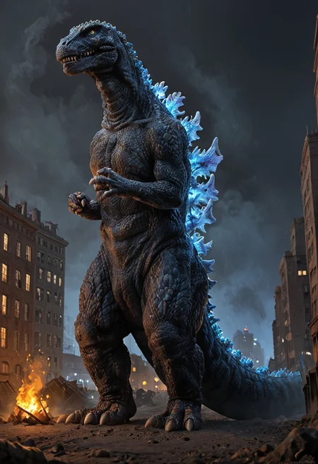 score_9, score_8_up, score_7_up, solo, 1man, giant dinosaur zilla_1998, sharp teeth, spines, blue spines, feral, realistic scales, detailed scale texture, solo, size difference, german village, solo, outdoors, city, city of fire, solo,furry male, solo, plantigrade, full body, solo, cinematic setting, extremely detailed, Macro detailed realism style photograph, 3DMM
