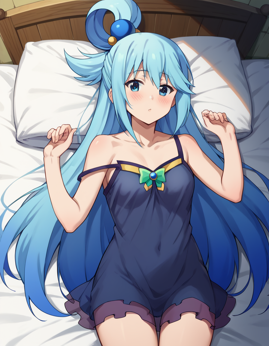 score_9, score_8_up, score_7_up, source_anime, konosubaaqua, <lora:konosuba-aqua-s2-ponyxl-lora-nochekaiser:1>, aqua (konosuba), long hair, blue eyes, hair ornament, very long hair, blue hair, hair rings, single hair ring, hair bobbles,, <lora:chemise-ponyxl-lora-nochekaiser:1>, chemise, strap slip, see-through, bare shoulders, collarbone, thighs,, indoors, bed, bed room, on back, on bed, blush,, cowboy shot, dutch angle, looking at viewer,