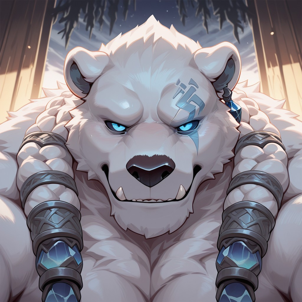 masterpiece, best quality, amazing quality, solo, 1boy, null-ghost, Volibear, bara, braids, blue eyes, close up, 