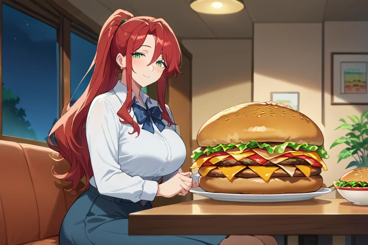 Score_9, score_8_up, score_7_up, (source_anime), (anime screencap:1.3), (huge food:1.33), (gigantic hamburger),plate, 1girl, sitting, mature, looking at viewer, blush, light smile, green eyes, red hair, long hair, ponytail, medium breasts, curvy, school uniform, room, table, night, <lora:Huge_food_concept:0.6>, <lora:Anime_Screencap:0.8>