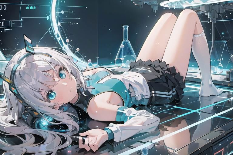 (masterpiece), (science fiction:1.4), 1girl, lying on the back on a mirror, lying on the back on a mirror, lying on the back on a mirror, smile, silver hair, aqua eyes, headgear, long sleeves, detached sleeves, glowing energy clothing, light particles, energy particles, perfect hands, perfect legs