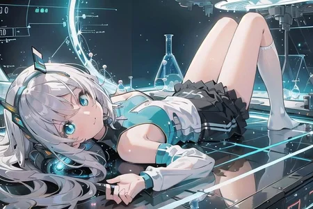 (masterpiece), (science fiction:1.4), 1girl, lying on the back on a mirror, lying on the back on a mirror, lying on the back on a mirror, smile, silver hair, aqua eyes, headgear, long sleeves, detached sleeves, glowing energy clothing, light particles, energy particles, perfect hands, perfect legs