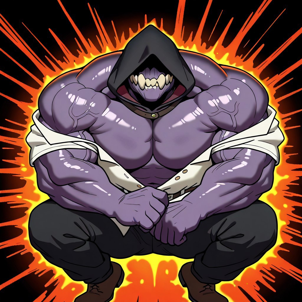 sketch, line art, hood, angry, evil, broad shoulders, thick waist, purple body, hidden eyes, hood over eyes,  sole male, solo male, solo, 1boy, monster, big male, Wrath Guardian, solo, male, 1 monstrous, adult, Large fangs, dark grey skin, Without eyes, black hood, white buttoned coat, black pants, black belt, brown shoes,
 BREAK best quality, amazing quality, very aesthetic, absurdres, newest, masterpiece ireading, purp1361rdm4n,2023, 2024,abstract background, spikysketches, flat colors, no lineart