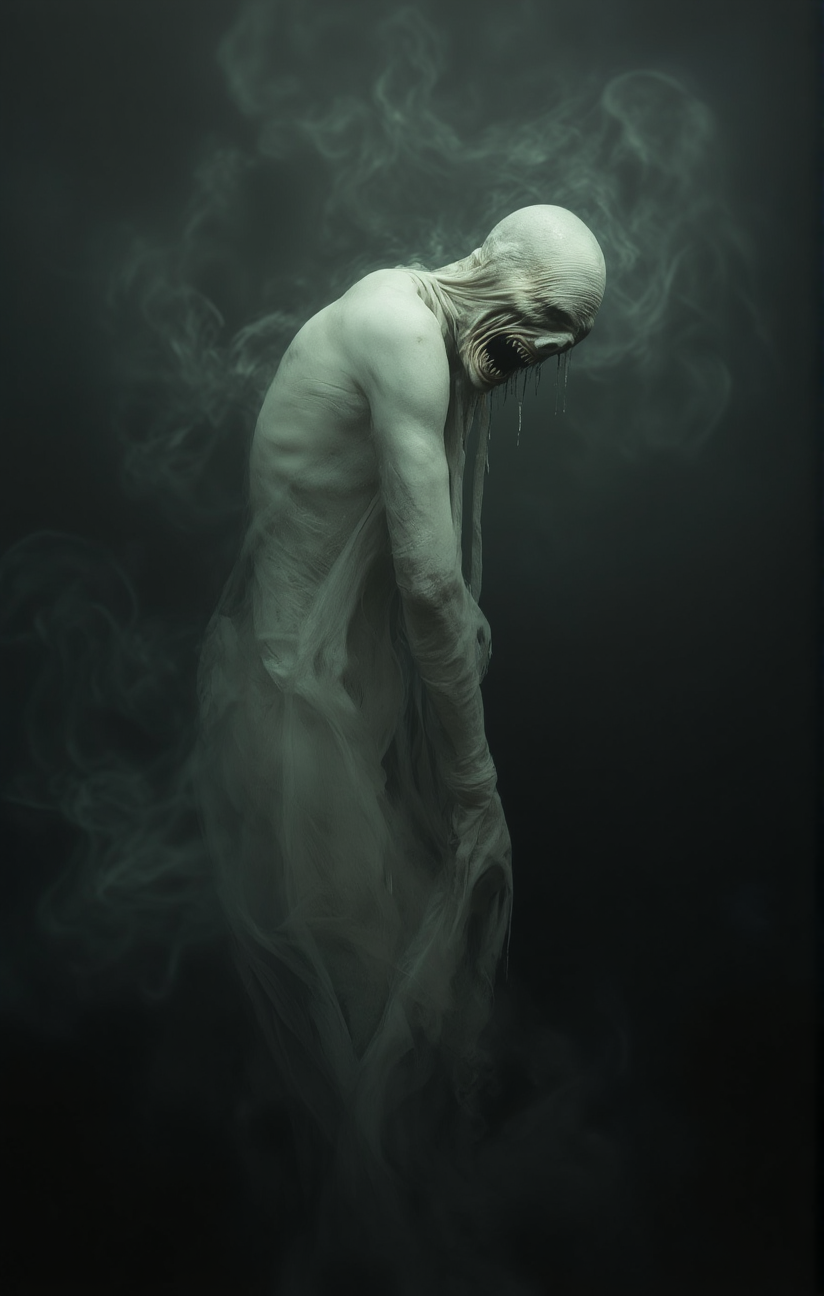 The image portrays a haunting and surreal depiction of a figure with a distorted face possibly screaming or in agony. The figure's head is covered with a cloth or bandage and its body is draped in a flowing translucent material. The background is filled with swirling smoke or mist. Side view from the left. <lora:- Flux1 De-Distilled - temp_haunting_cre_1.0-step00001200:1>