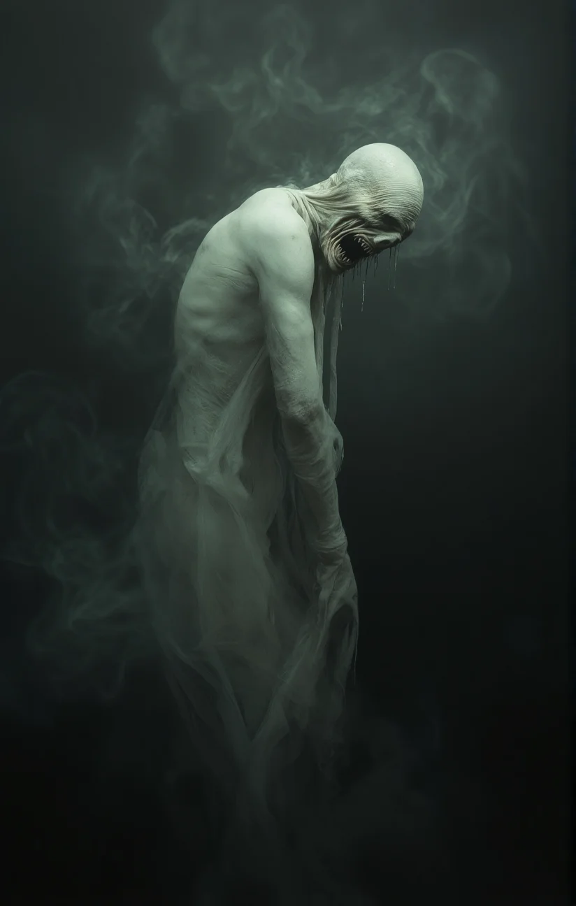 The image portrays a haunting and surreal depiction of a figure with a distorted face possibly screaming or in agony. The figure's head is covered with a cloth or bandage and its body is draped in a flowing translucent material. The background is filled with swirling smoke or mist. Side view from the left. <lora:- Flux1 De-Distilled - temp_haunting_cre_1.0-step00001200:1>