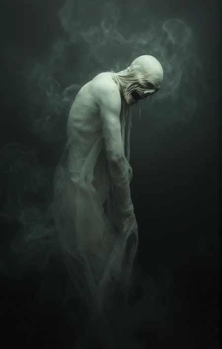 The image portrays a haunting and surreal depiction of a figure with a distorted face possibly screaming or in agony. The figure's head is covered with a cloth or bandage and its body is draped in a flowing translucent material. The background is filled with swirling smoke or mist. Side view from the left. <lora:- Flux1 De-Distilled - temp_haunting_cre_1.0-step00001200:1>
