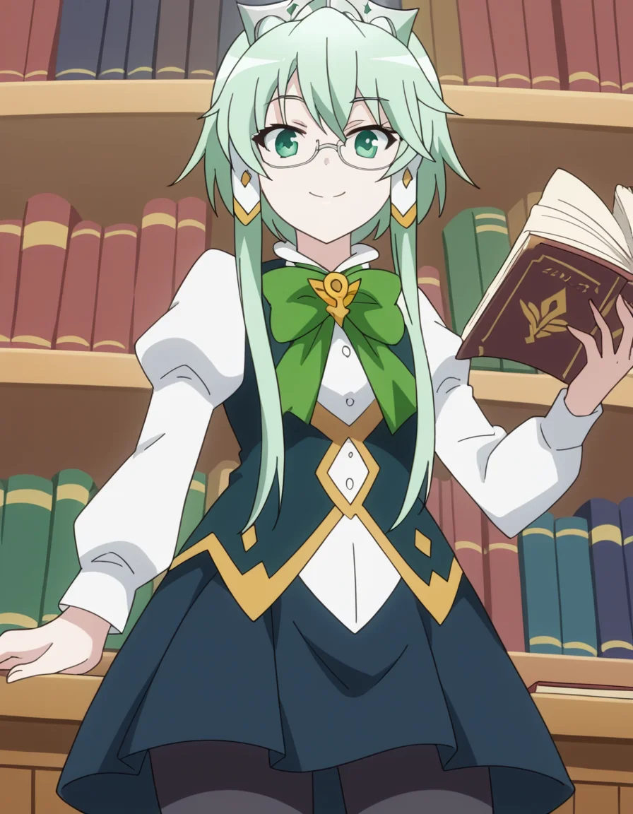 score_9, score_8_up, score_7_up, source_anime, <lora:lucia-rea-regulus-s2-ponyxl-lora-nochekaiser:1>, lucia rea regulus, long hair, green eyes, sidelocks, green hair, hair tubes, short hair with long locks,, skirt, long sleeves, dress, bow, pantyhose, bowtie, black pantyhose, green bow,, library, reading books, glasses, quiet, focused, shelves of books, smile, from below, looking at viewer, solo,, dutch angle, cowboy shot